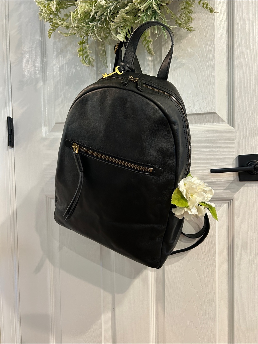 Fossil Black Leather Backpack with Gold Hardware